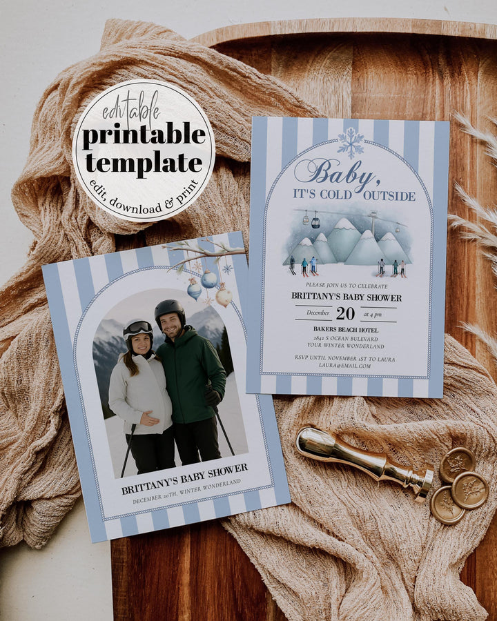 Baby It’s Cold Outside Baby Shower Invitation, Blue Ski Mountain Winter Theme, Editable Template #072 - TheLovebirdsDesign