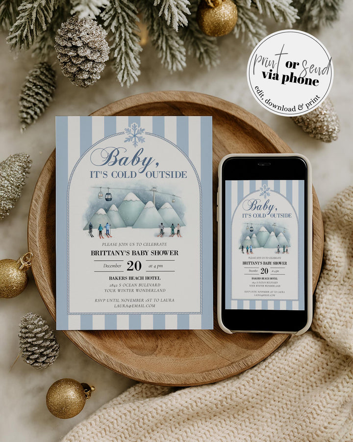 Baby It’s Cold Outside Baby Shower Invitation, Blue Ski Mountain Winter Theme, Editable Template #072 - TheLovebirdsDesign