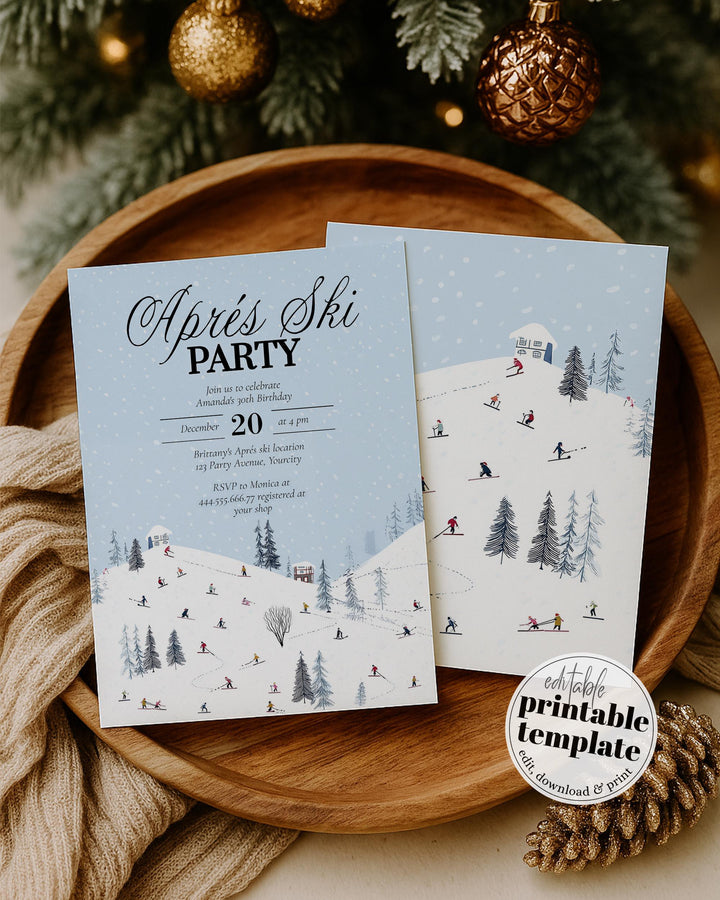 Après Ski Party Invitation, Winter Mountain Lodge Theme, Snowflake Blue Editable Template #072 - TheLovebirdsDesign