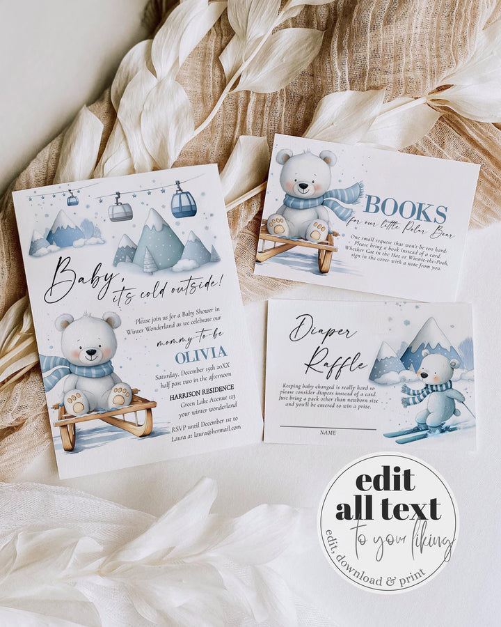 Baby It’s Cold Outside Baby Shower Invitation, Polar Bear Sled Winter Theme, Editable Template Set #072 - TheLovebirdsDesign