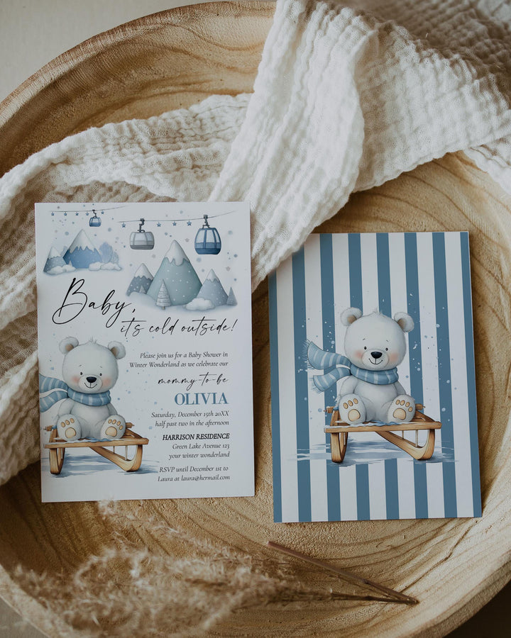 Baby It’s Cold Outside Baby Shower Invitation, Polar Bear Sled Winter Theme, Editable Template Set #072 - TheLovebirdsDesign