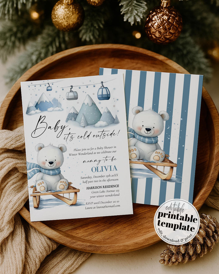 Baby It’s Cold Outside Baby Shower Invitation, Polar Bear Sled Winter Theme, Editable Template Set #072 - TheLovebirdsDesign
