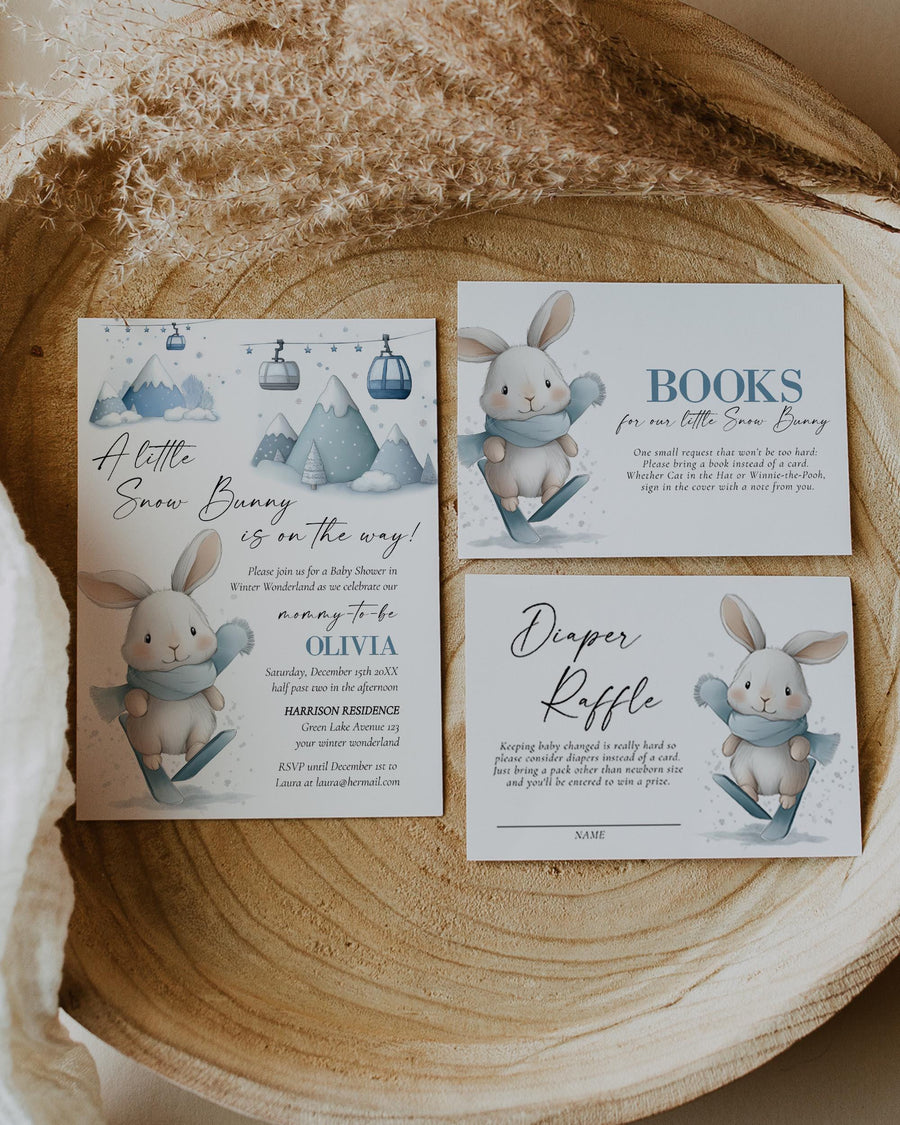 Snow Bunny Baby Shower Invitation, Winter Bunny Ski Theme, Blue Mountain Editable Template Set #072 - marryful.org