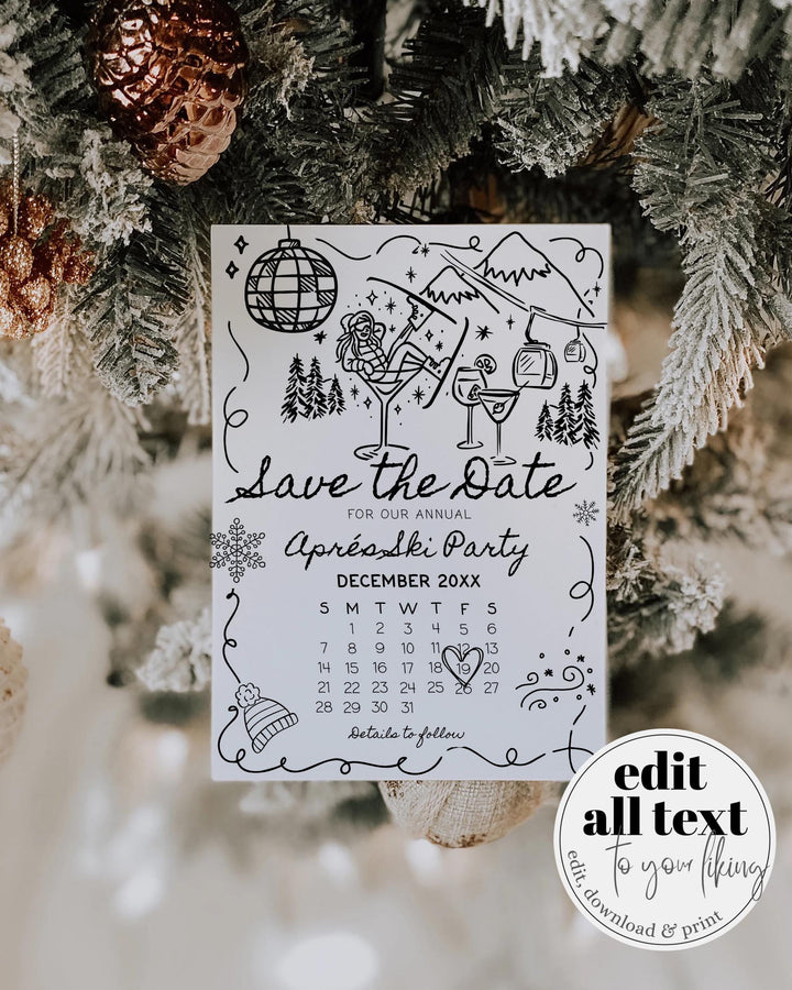 Après Ski Party Save the Date, Funky Doodle Martini Girl, Retro Winter Editable Template #070 - TheLovebirdsDesign