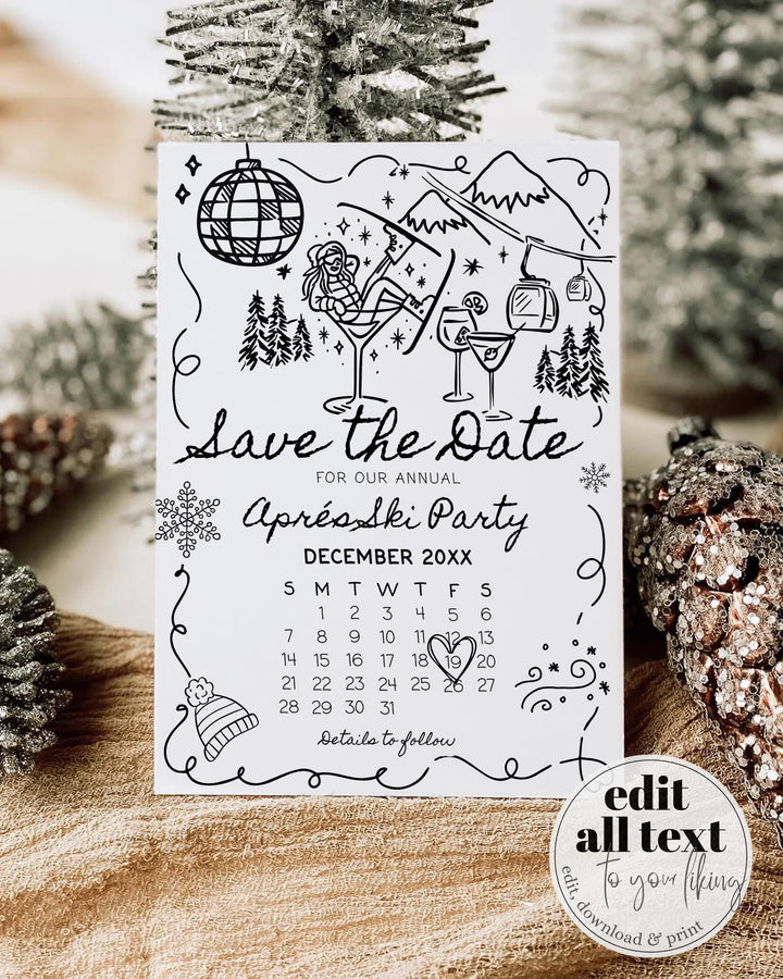 Après Ski Party Save the Date, Funky Doodle Martini Girl, Retro Winter Editable Template #070 - TheLovebirdsDesign
