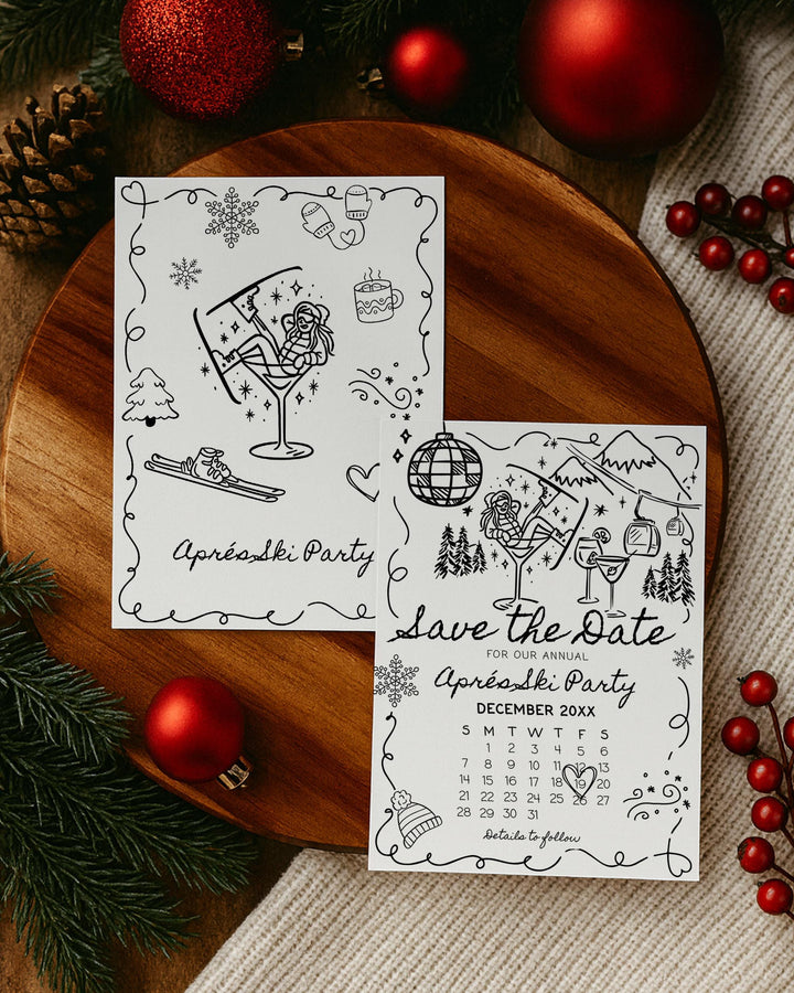 Après Ski Party Save the Date, Funky Doodle Martini Girl, Retro Winter Editable Template #070 - TheLovebirdsDesign