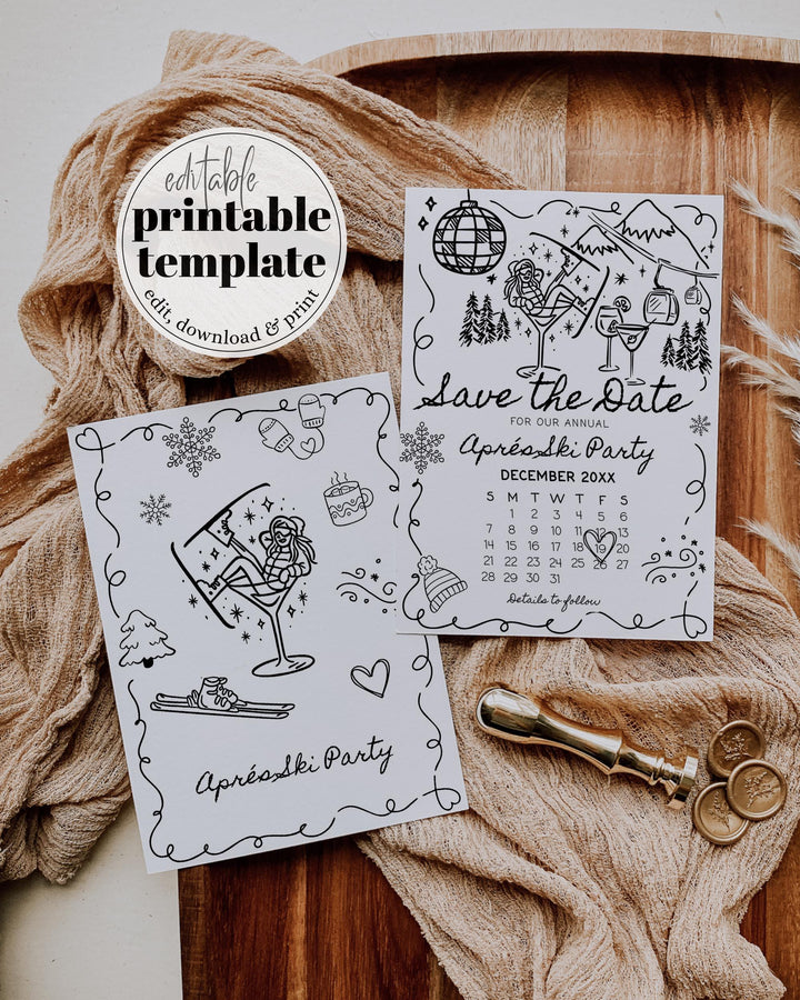 Après Ski Party Save the Date, Funky Doodle Martini Girl, Retro Winter Editable Template #070 - TheLovebirdsDesign
