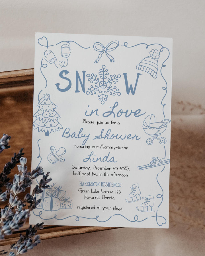 Snow in Love Winter Baby Shower Invitation Blue Snowflake Apres Ski Party Boy Template #070 - TheLovebirdsDesign