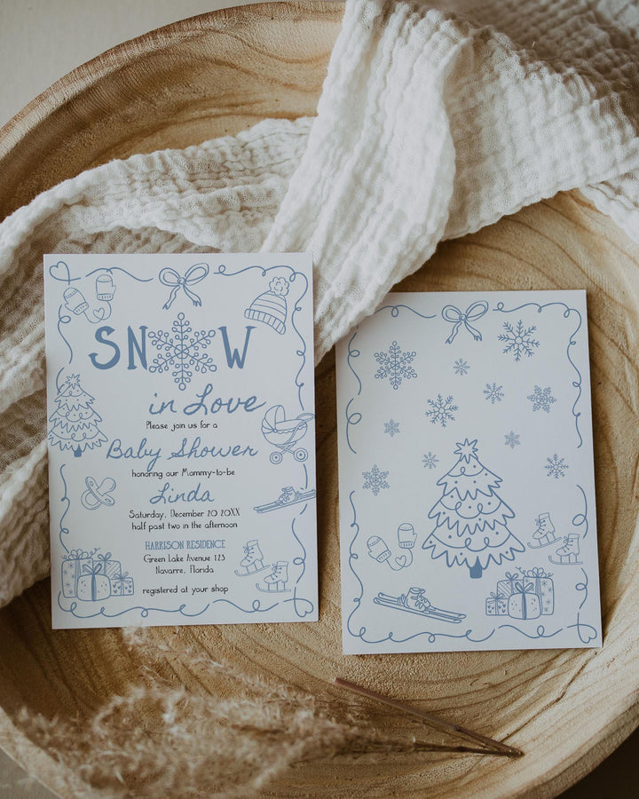 Snow in Love Winter Baby Shower Invitation Blue Snowflake Apres Ski Party Boy Template #070 - TheLovebirdsDesign