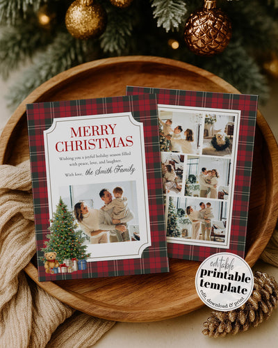 Christmas Photo Card Red Green Tartan Teddy Bear Rocking Horse Winter Holiday Template #070 - TheLovebirdsDesign
