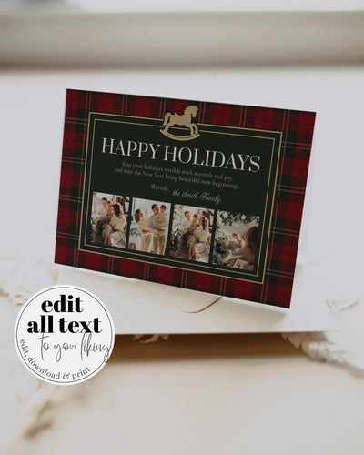 Holiday Photo Card Red Green Tartan Teddy Bear Rocking Horse Winter Family Template #068 - marryful.org