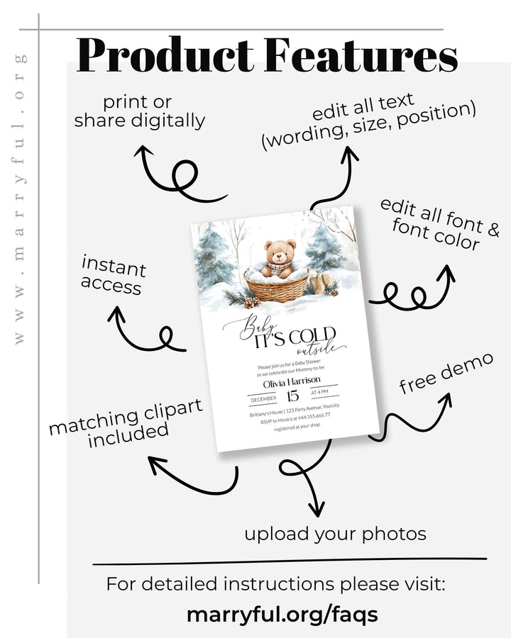 Baby It’s Cold Outside Baby Shower Bundle, Winter Teddy Bear Party Template Set, Snowy Winter Wonderland Decorations #072 - TheLovebirdsDesign