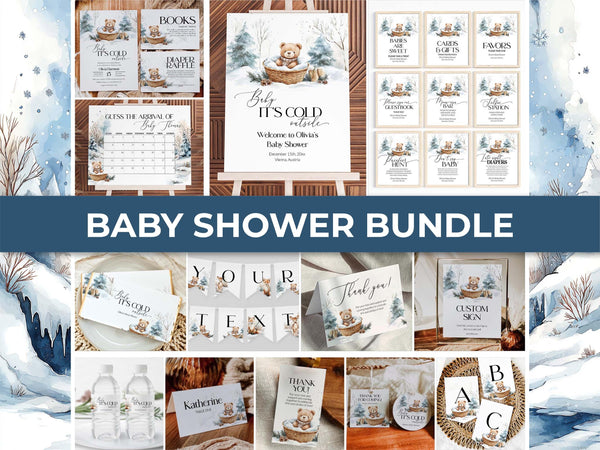 Baby It’s Cold Outside Baby Shower Bundle, Winter Teddy Bear Party Template Set, Snowy Winter Wonderland Decorations #072 - TheLovebirdsDesign