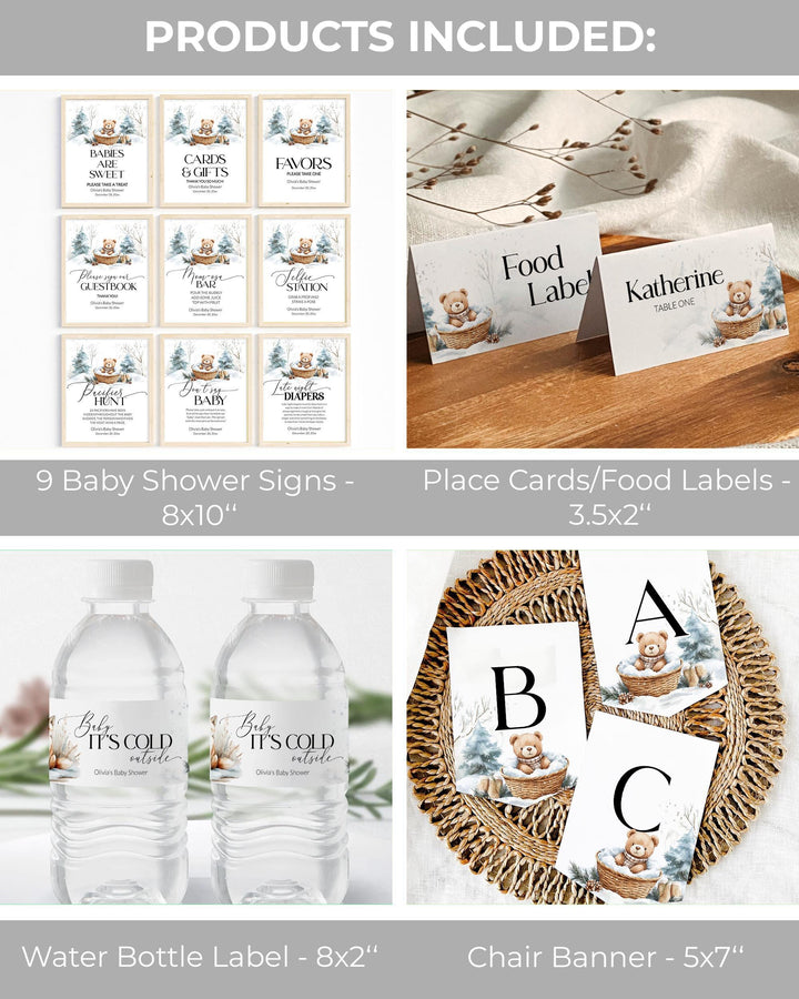 Baby It’s Cold Outside Baby Shower Bundle, Winter Teddy Bear Party Template Set, Snowy Winter Wonderland Decorations #072 - TheLovebirdsDesign