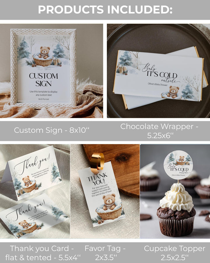Baby It’s Cold Outside Baby Shower Bundle, Winter Teddy Bear Party Template Set, Snowy Winter Wonderland Decorations #072 - TheLovebirdsDesign