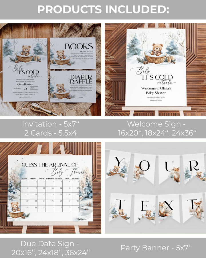 Baby It’s Cold Outside Baby Shower Bundle, Winter Teddy Bear Party Template Set, Snowy Winter Wonderland Decorations #072 - TheLovebirdsDesign