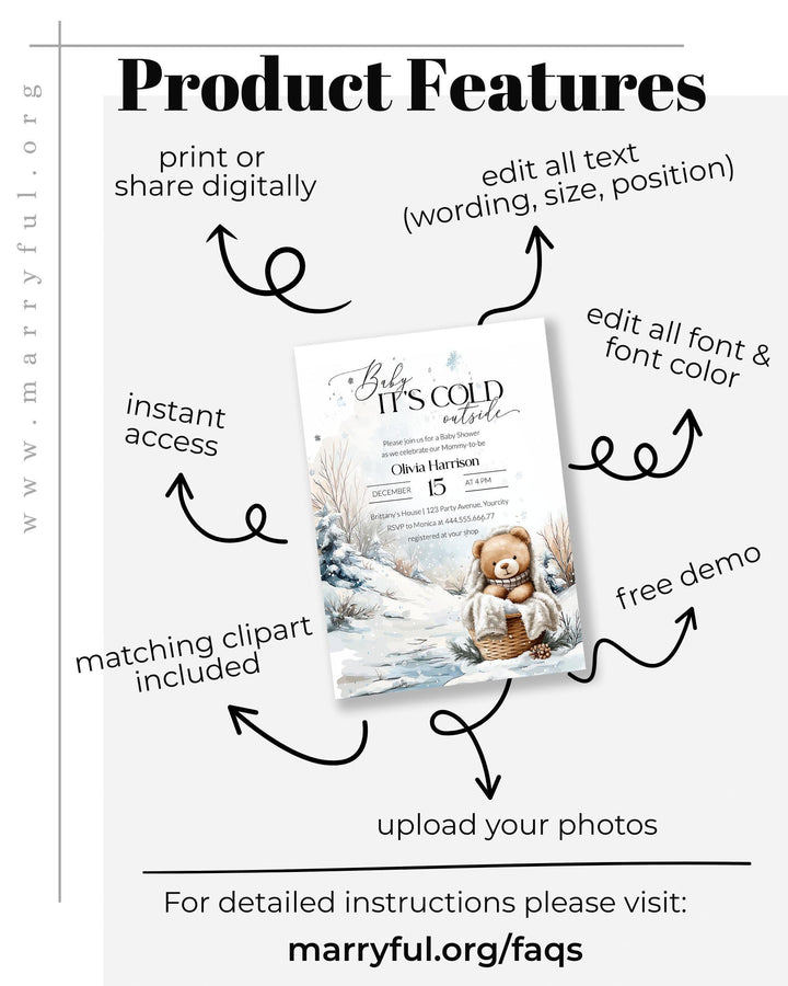 Winter Teddy Bear Baby Shower Bundle, Neutral Beige Blue Snow Theme, Baby It’s Cold Outside Party Decor Templates #072 - TheLovebirdsDesign