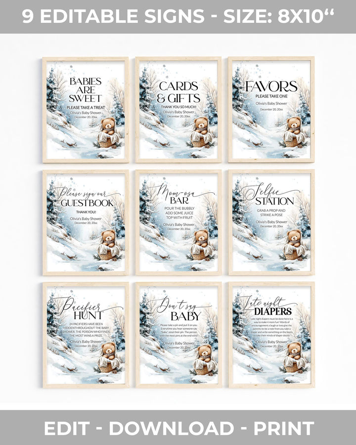 Winter Teddy Bear Baby Shower Bundle, Neutral Beige Blue Snow Theme, Baby It’s Cold Outside Party Decor Templates #072 - TheLovebirdsDesign