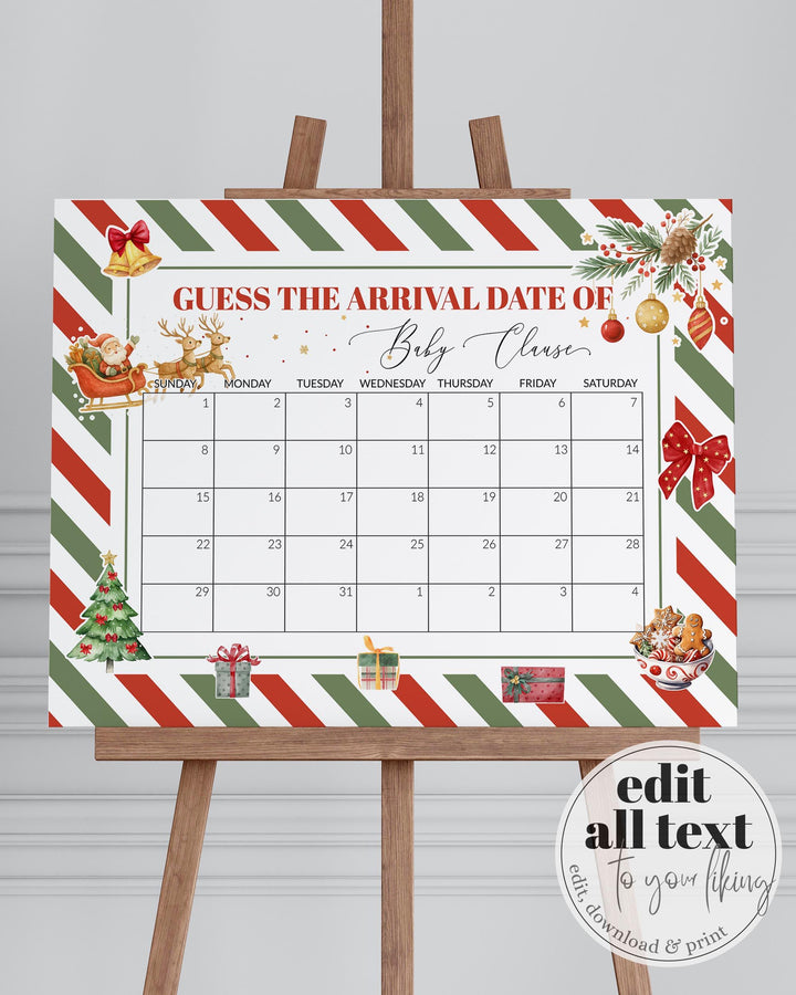 Guess Baby’s Arrival Sign, Santa Baby Shower Game, Christmas Red Green Editable Template #072 - TheLovebirdsDesign