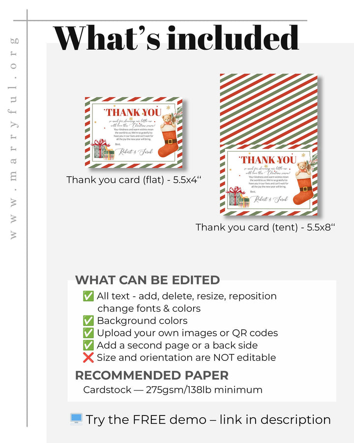 Santa Baby Thank You Card, Christmas Baby Shower Notes, Flat & Tented Editable Template #072 - TheLovebirdsDesign