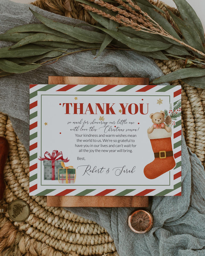 Santa Baby Thank You Card, Christmas Baby Shower Notes, Flat & Tented Editable Template #072 - TheLovebirdsDesign