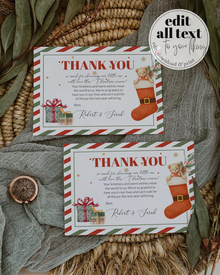 Santa Baby Thank You Card, Christmas Baby Shower Notes, Flat & Tented Editable Template #072 - TheLovebirdsDesign