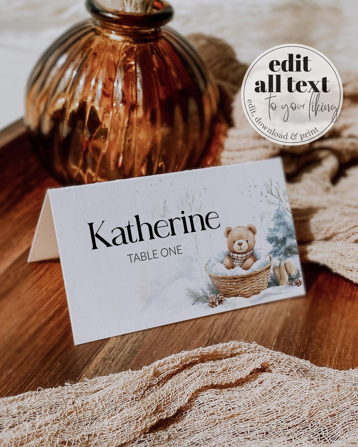 Baby It’s Cold Outside Place Cards, Winter Teddy Bear Food Labels, Flat & Tented Editable Templates #072 - TheLovebirdsDesign