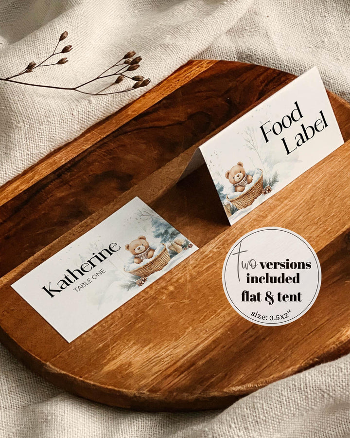 Baby It’s Cold Outside Place Cards, Winter Teddy Bear Food Labels, Flat & Tented Editable Templates #072 - TheLovebirdsDesign