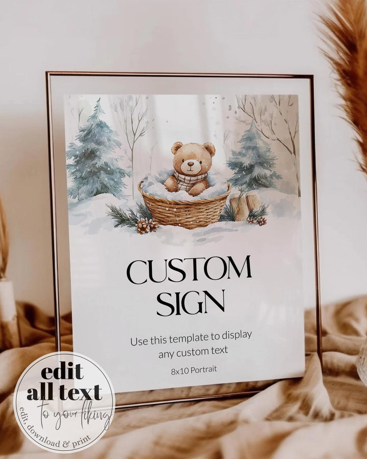 Winter Wonderland Custom Baby Shower Sign, Neutral Beige Teddy Bear Snow Theme, Editable Template #072 - TheLovebirdsDesign