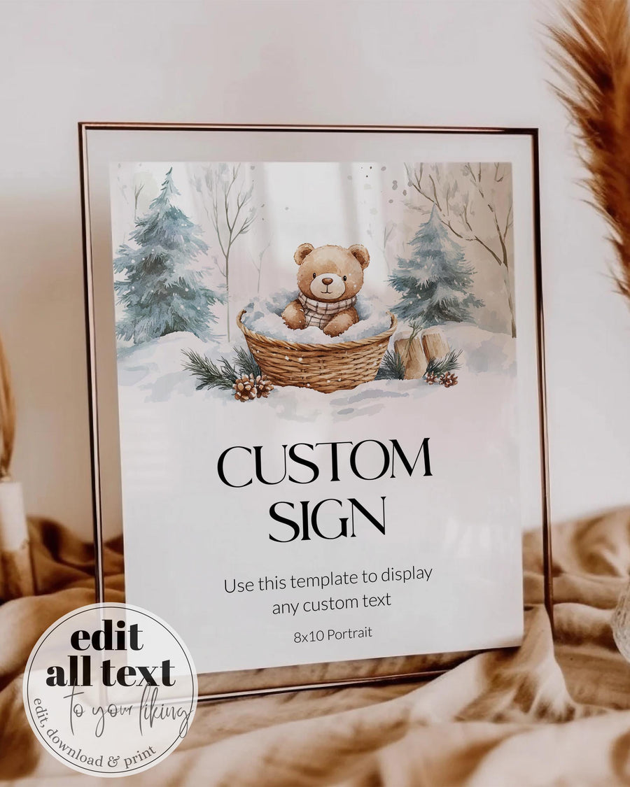 Winter Wonderland Custom Baby Shower Sign, Neutral Teddy Bear 8x10 Template 094BE-CUSI