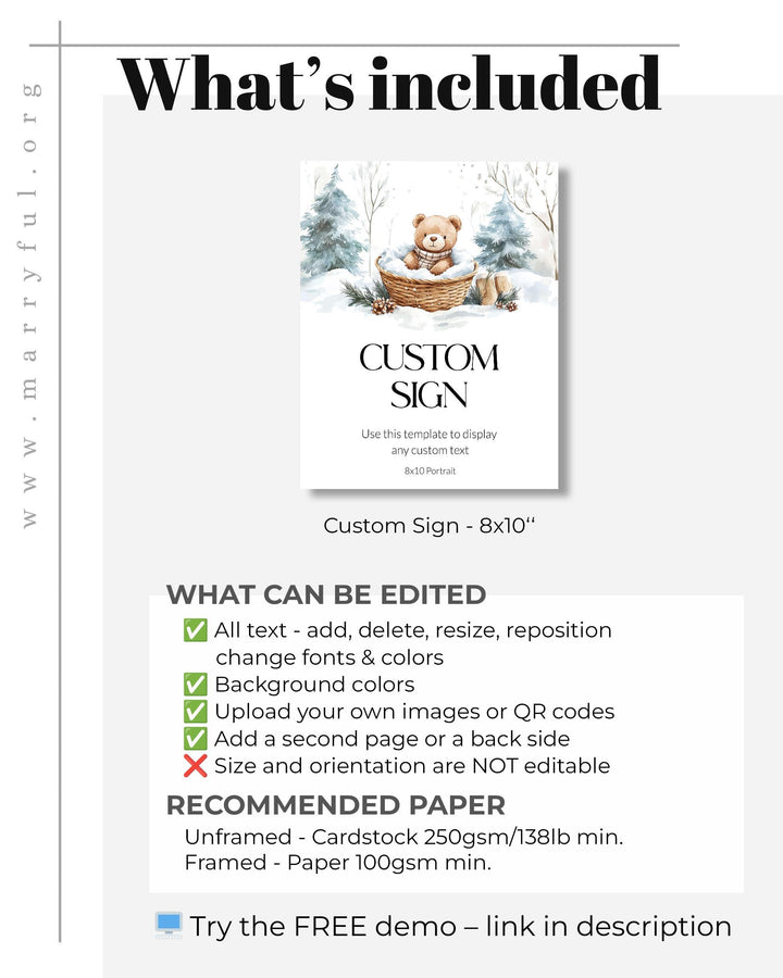 Winter Wonderland Custom Baby Shower Sign, Neutral Beige Teddy Bear Snow Theme, Editable Template #072 - TheLovebirdsDesign