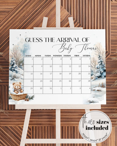 Guess Baby's Arrival Game, Winter Teddy Bear Baby Shower Sign Template 094BE-GUDD