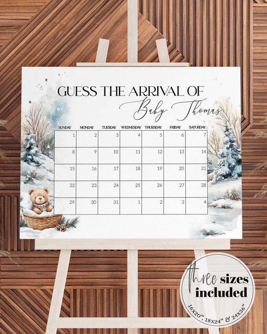 Guess Baby's Arrival Game, Winter Teddy Bear Baby Shower Sign Template 094BE-GUDD