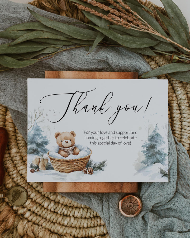 Baby It’s Cold Outside Thank You Card, Winter Teddy Bear Design, Flat & Tented Editable Template #072 - TheLovebirdsDesign