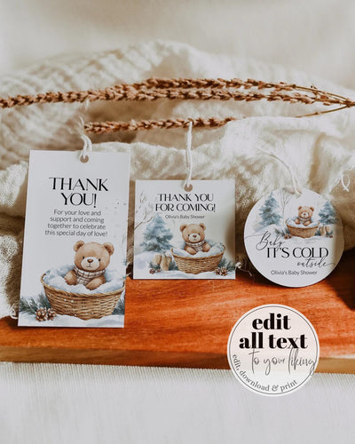 Winter Teddy Bear Baby Shower Favor Tags, Editable Labels and Toppers 094BE-TLST