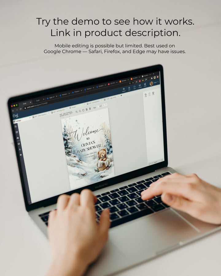 Winter Teddy Bear Welcome Sign, Neutral Snowy Baby Shower Decor, Elegant Editable Template #072 - TheLovebirdsDesign