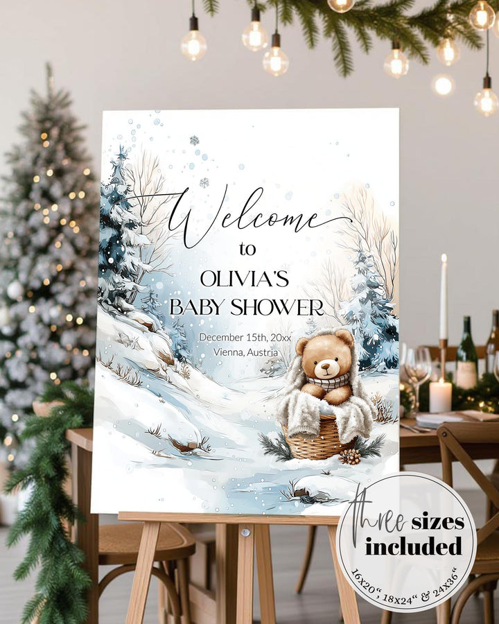 Winter Teddy Bear Welcome Sign, Neutral Snowy Baby Shower Decor, Elegant Editable Template #072 - TheLovebirdsDesign