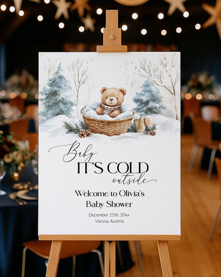 Baby It’s Cold Outside Welcome Sign, Winter Teddy Bear Baby Shower Decor, Editable Snowflake Template #072 - TheLovebirdsDesign