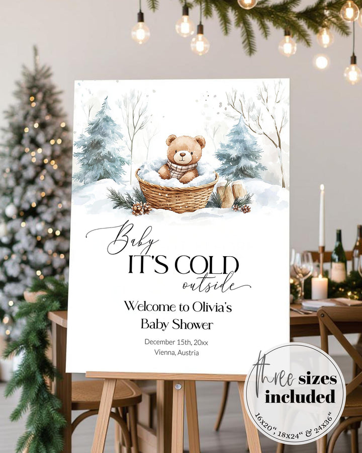 Baby It’s Cold Outside Welcome Sign, Winter Teddy Bear Baby Shower Decor, Editable Snowflake Template #072 - TheLovebirdsDesign