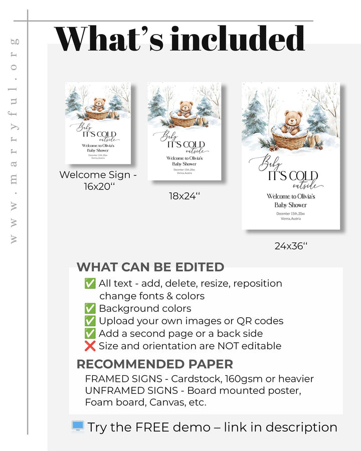 Baby It’s Cold Outside Welcome Sign, Winter Teddy Bear Baby Shower Decor, Editable Snowflake Template #072 - TheLovebirdsDesign