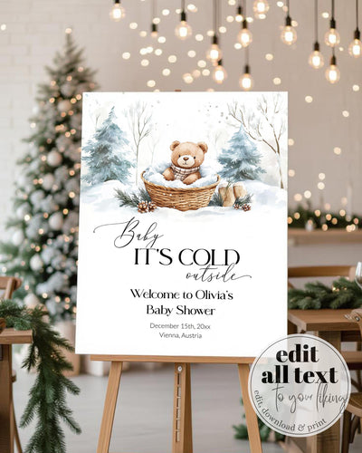 Baby It’s Cold Outside Welcome Sign, Winter Teddy Bear Baby Shower Decor, Editable Snowflake Template #072 - TheLovebirdsDesign