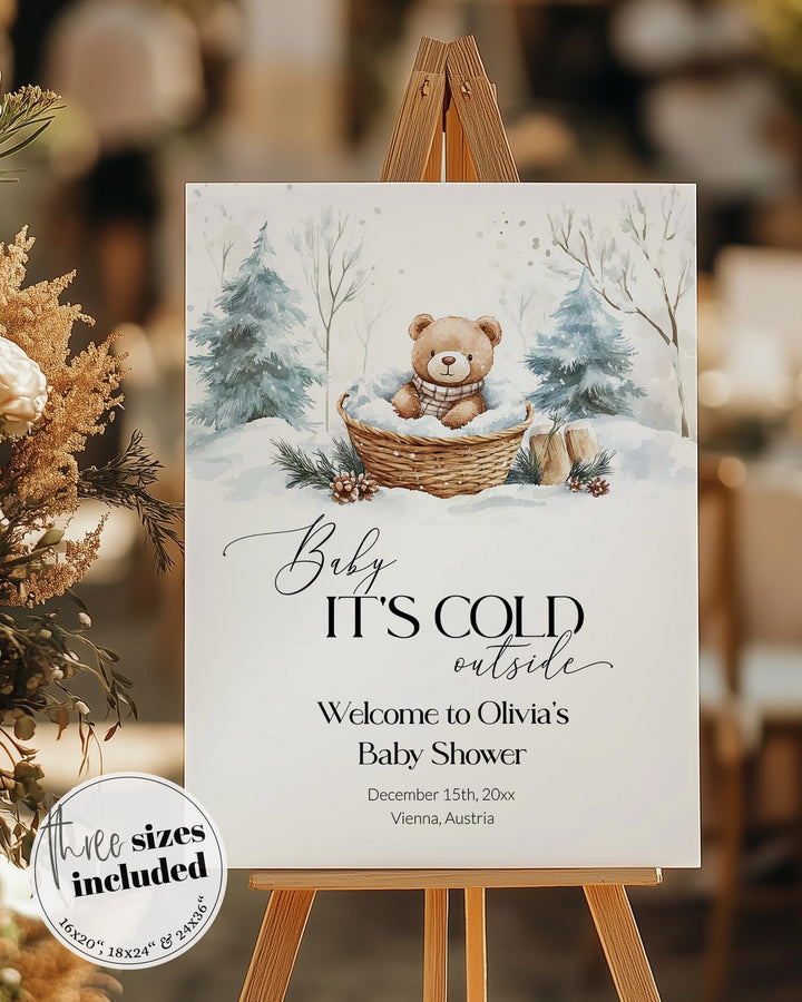 Baby It’s Cold Outside Welcome Sign, Winter Teddy Bear Baby Shower Decor, Editable Snowflake Template #072 - TheLovebirdsDesign