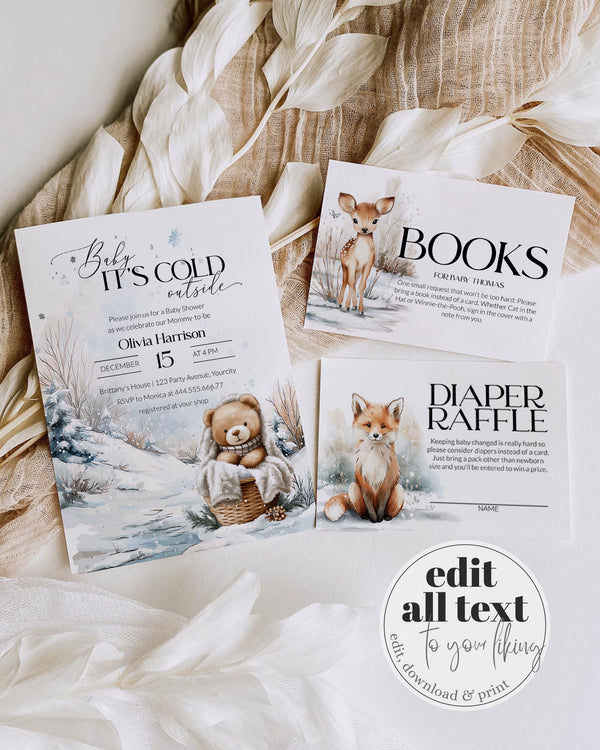 Baby It’s Cold Outside Baby Shower Invitation Set, Winter Teddy Bear Invite, Books for Baby & Diaper Raffle Card Templates #072 - TheLovebirdsDesign