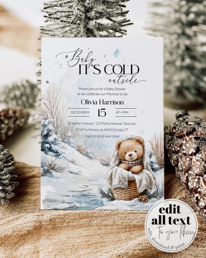 Baby It’s Cold Outside Baby Shower Invitation Set, Winter Teddy Bear Invite, Books for Baby & Diaper Raffle Card Templates #072 - TheLovebirdsDesign