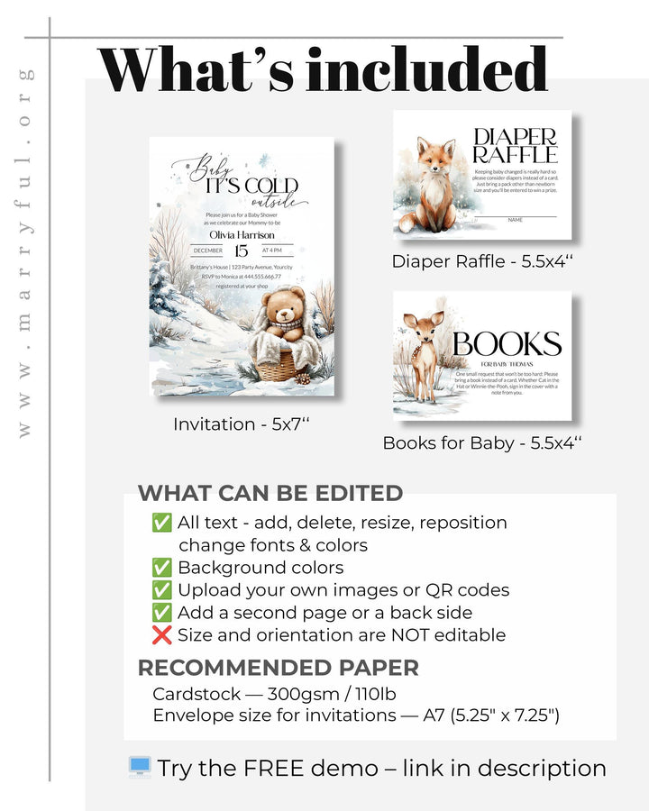 Baby It’s Cold Outside Baby Shower Invitation Set, Winter Teddy Bear Invite, Books for Baby & Diaper Raffle Card Templates #072 - TheLovebirdsDesign