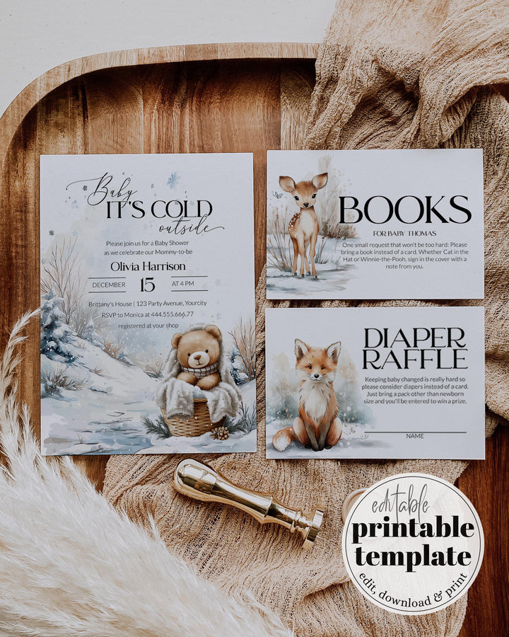 Baby It’s Cold Outside Baby Shower Invitation Set, Winter Teddy Bear Invite, Books for Baby & Diaper Raffle Card Templates #072 - TheLovebirdsDesign
