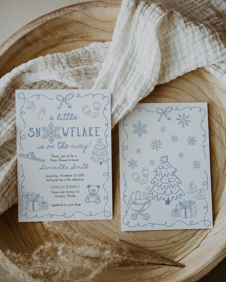 Blue Winter Baby Shower Invitation Suite Snowflake Baby Boy Invite Editable Template #070 - TheLovebirdsDesign