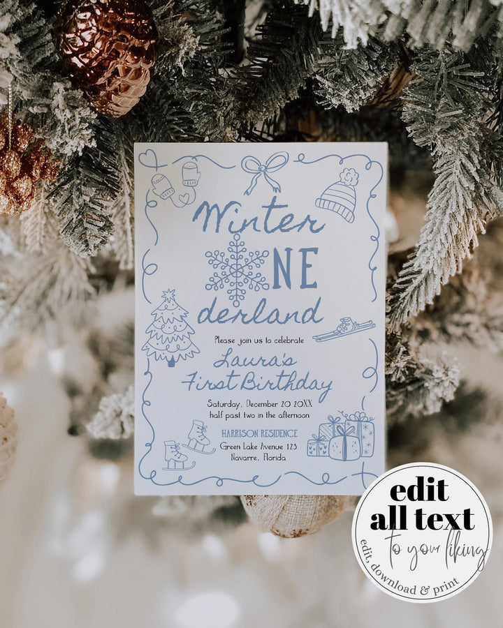 Blue Winter Onederland First Birthday Invitation Snowflake Baby Boy Template #070 - TheLovebirdsDesign