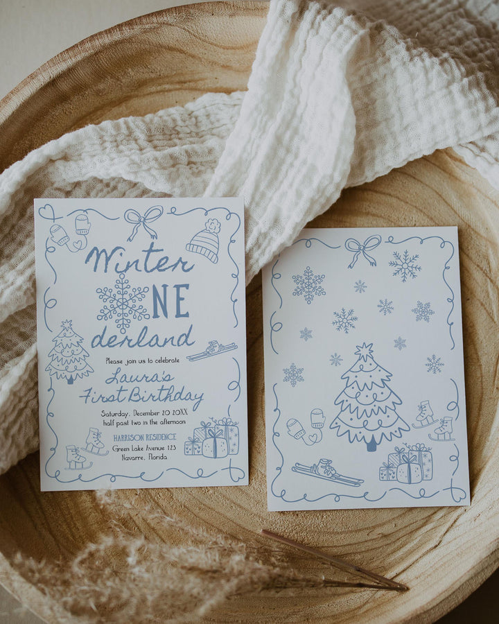 Blue Winter Onederland First Birthday Invitation Snowflake Baby Boy Template #070 - TheLovebirdsDesign