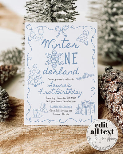 Blue Winter Onederland First Birthday Invitation Snowflake Baby Boy Template #070 - TheLovebirdsDesign